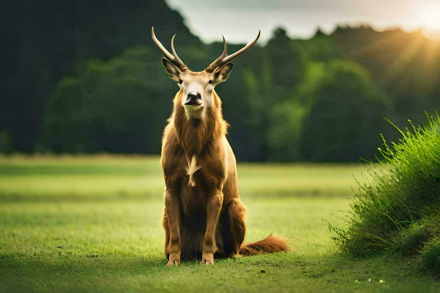 een hert met hoorns zittend in de gras. ai-gegenereerd foto