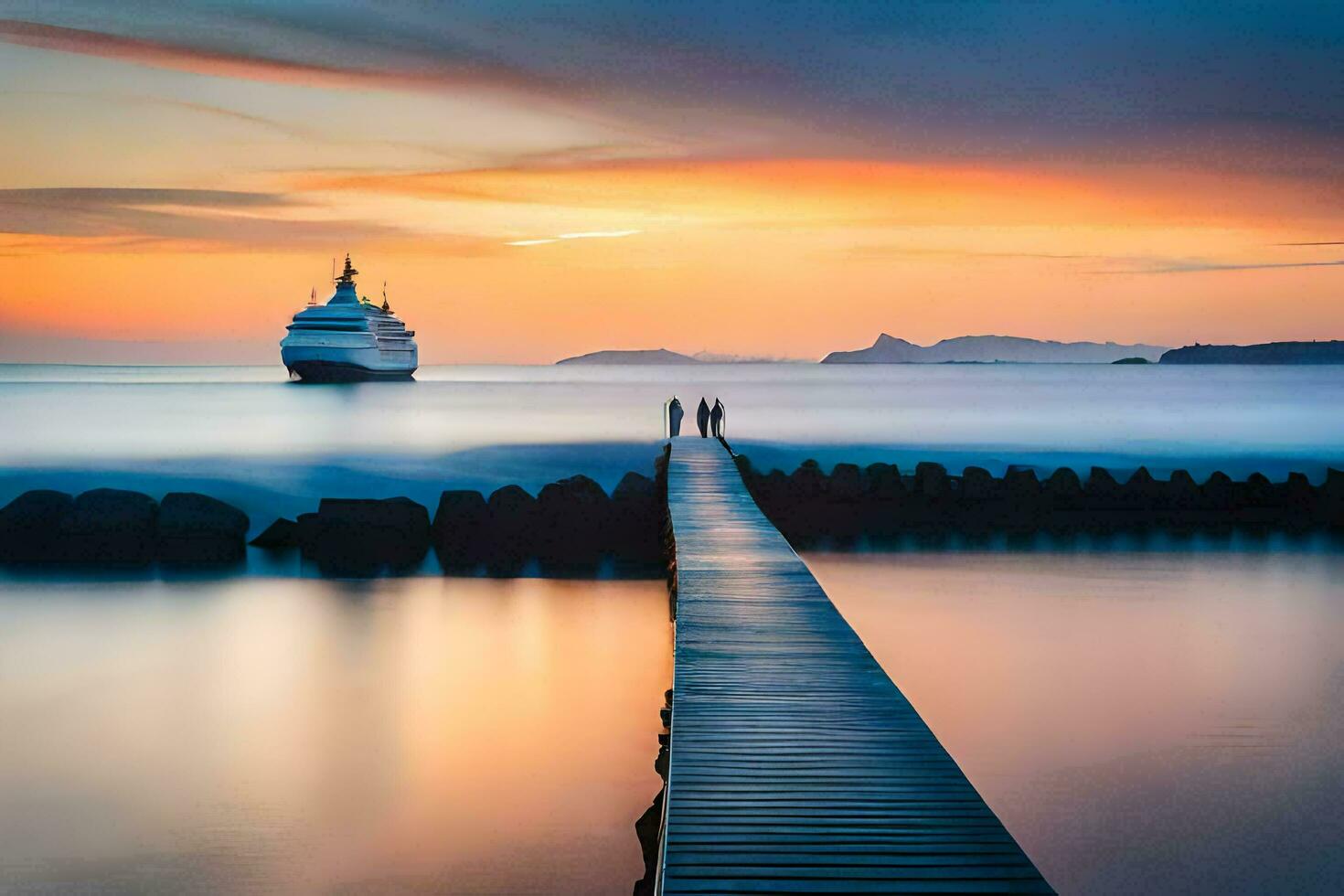 een boot is het zeilen uit in de oceaan Bij zonsondergang. ai-gegenereerd foto