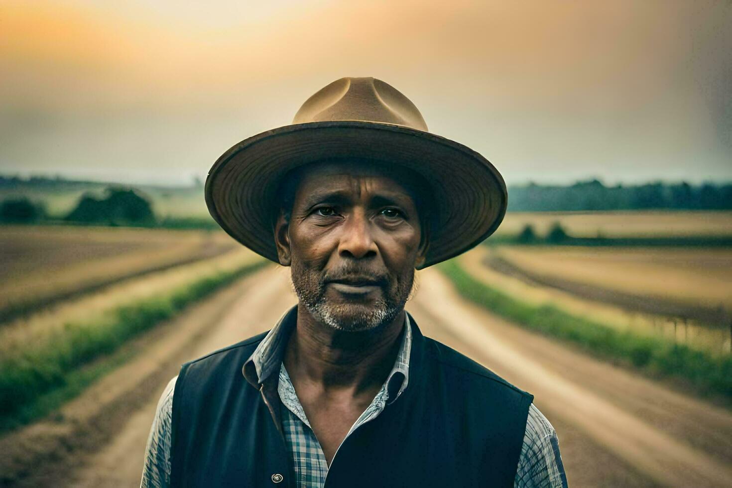 een Mens in een hoed staand Aan een aarde weg. ai-gegenereerd foto