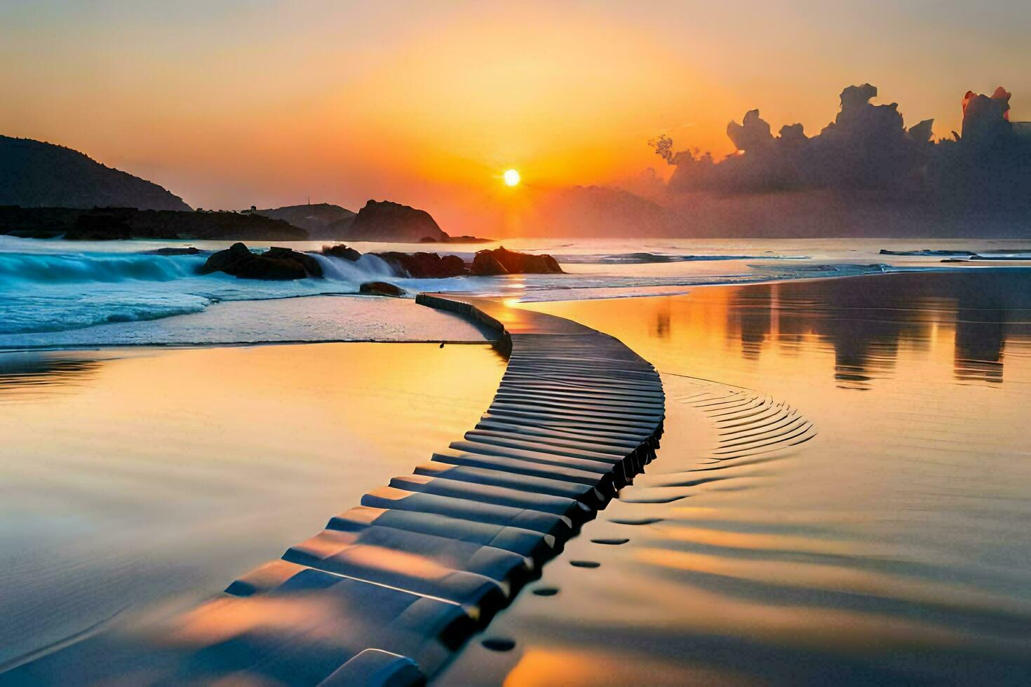 een lang houten pad Aan de strand Bij zonsondergang. ai-gegenereerd foto