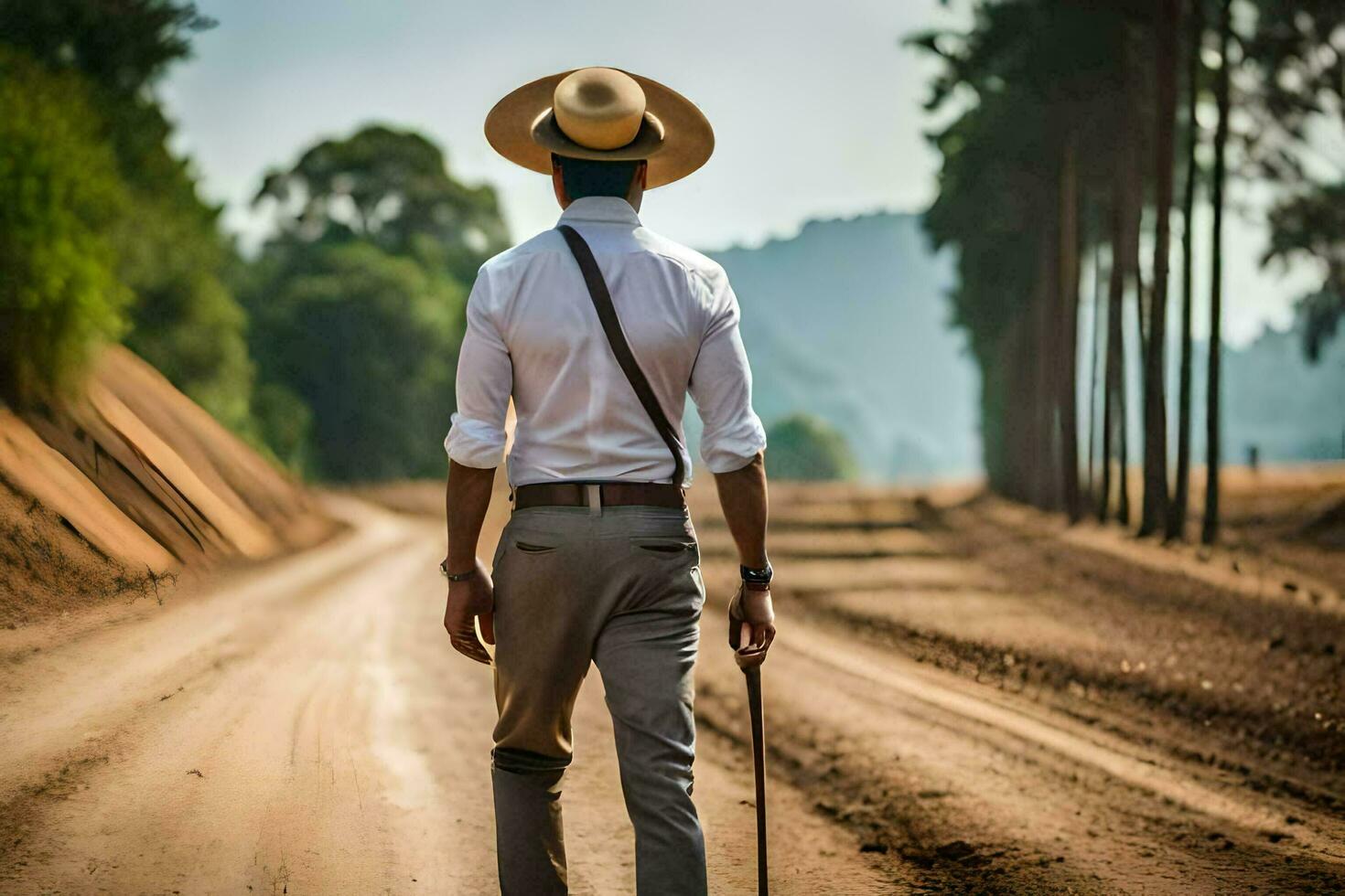 een Mens in een hoed wandelen naar beneden een aarde weg. ai-gegenereerd foto