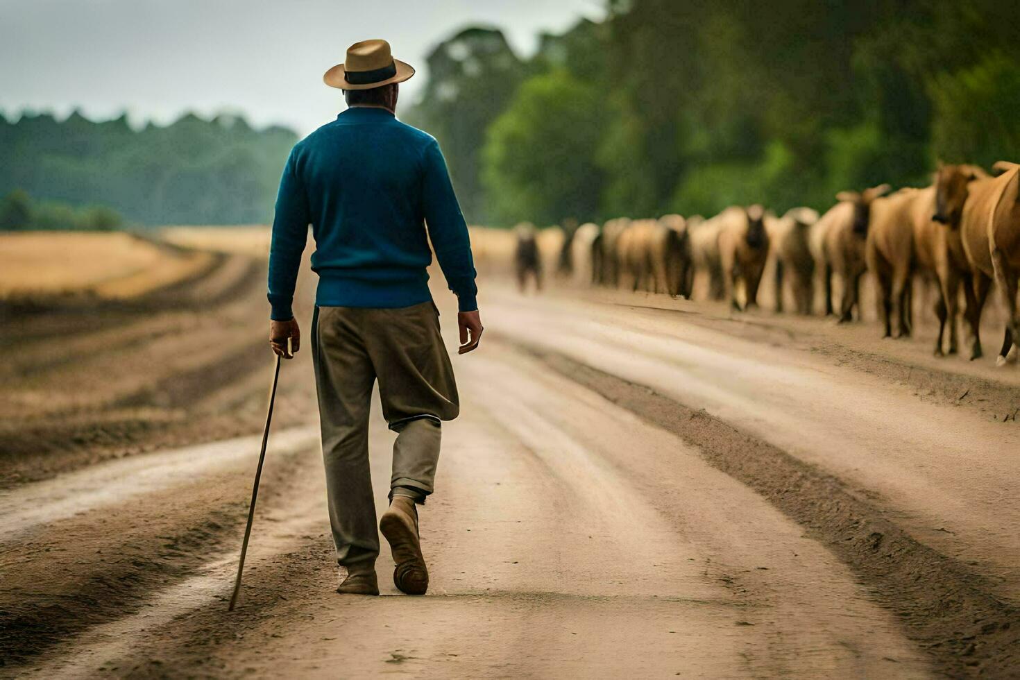 een Mens wandelen naar beneden een aarde weg met vee. ai-gegenereerd foto