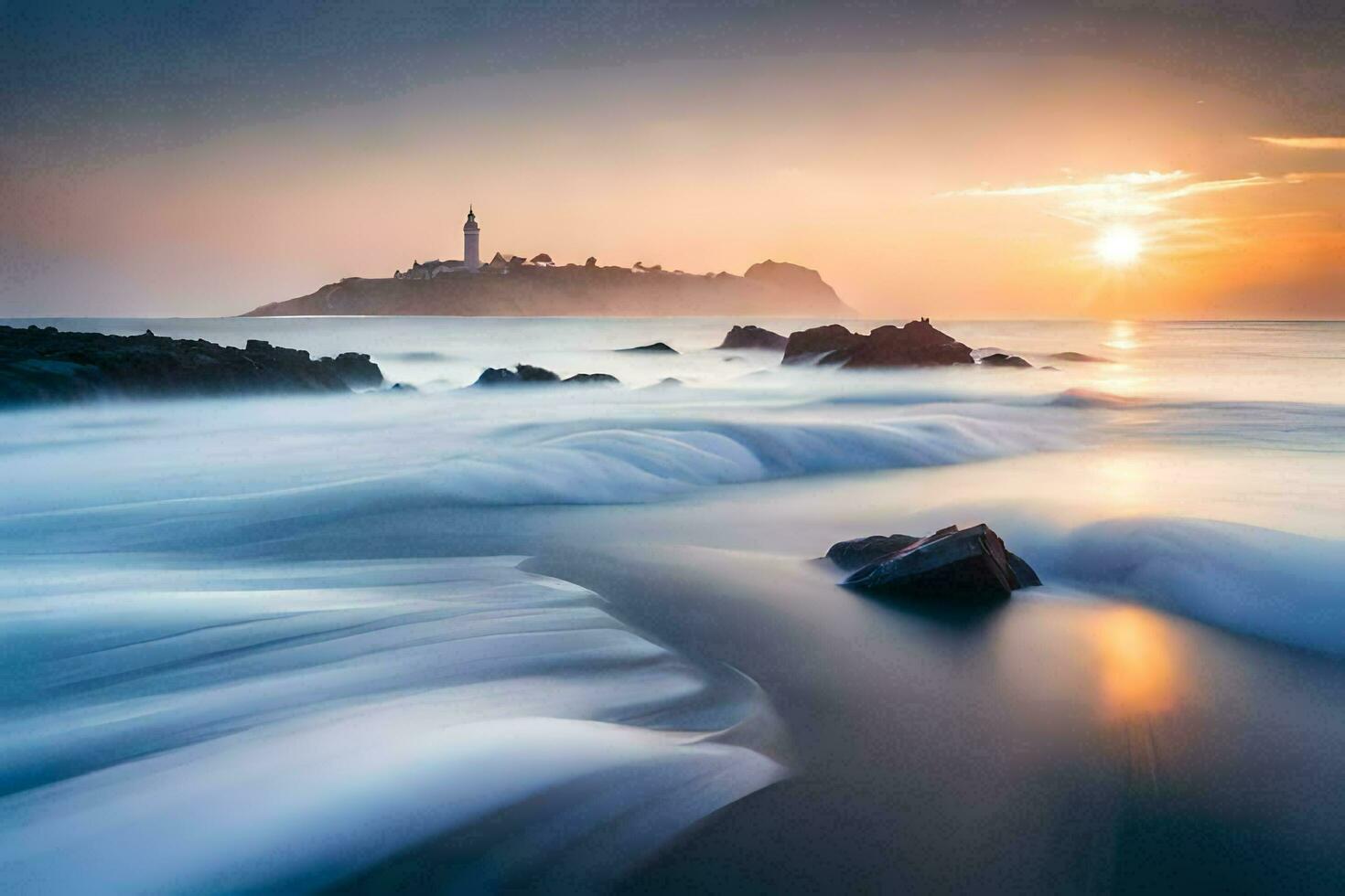 de zon stijgt over- de oceaan en rotsen. ai-gegenereerd foto