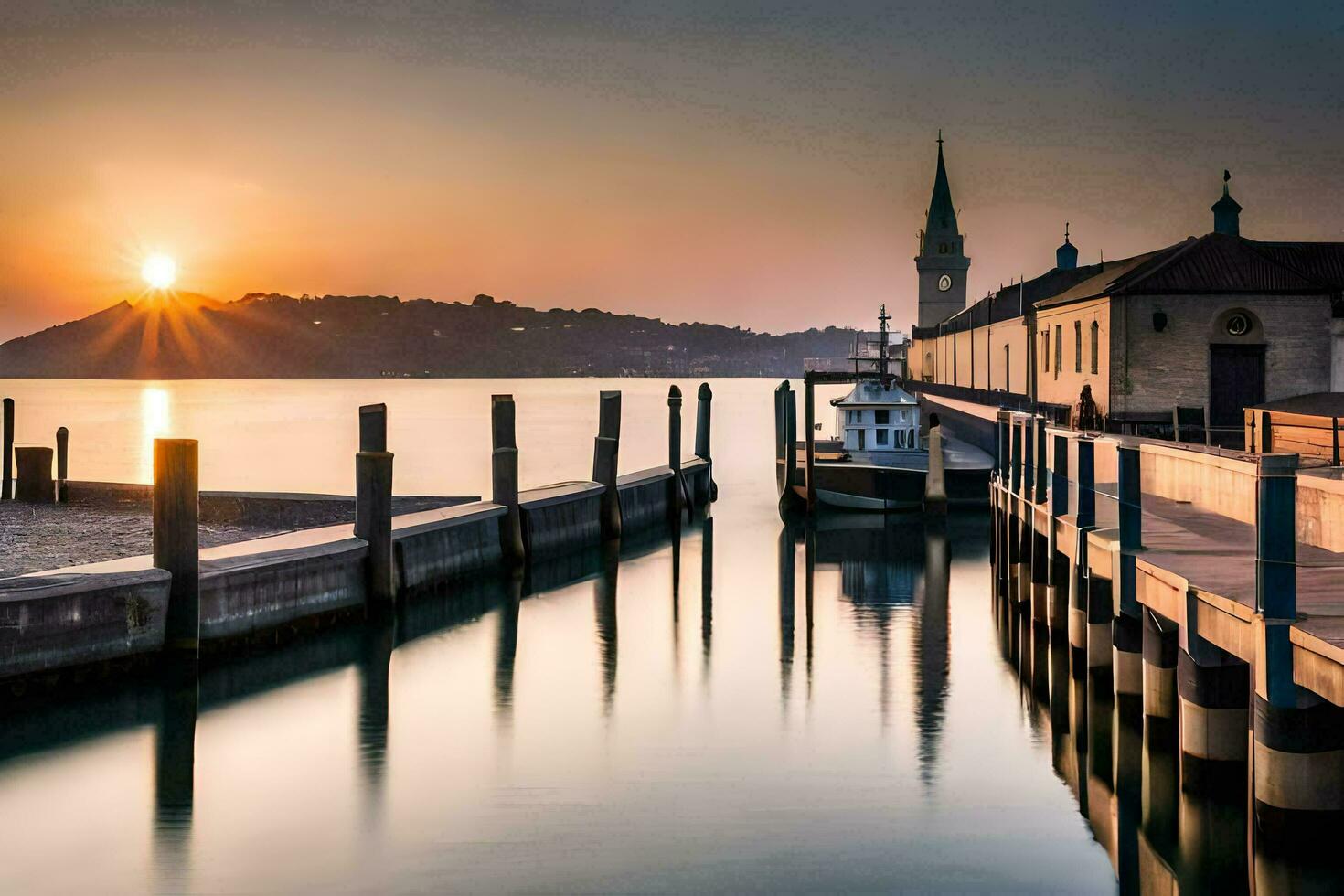 een boot dok Bij zonsondergang met een kerk in de achtergrond. ai-gegenereerd foto