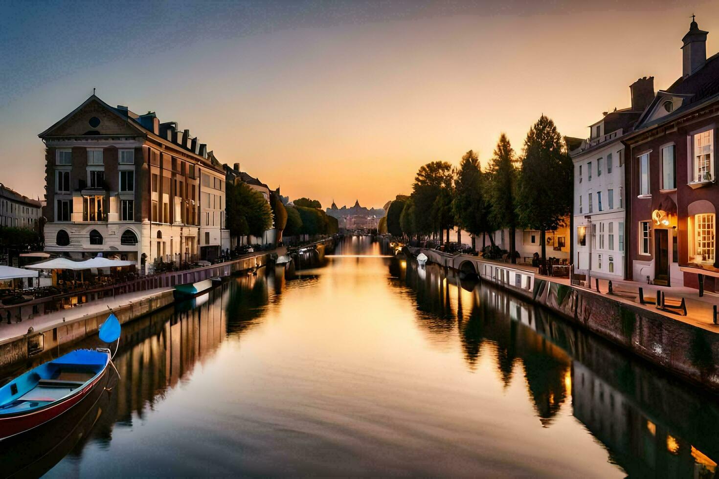 een kanaal in de midden- van een stad Bij zonsondergang. ai-gegenereerd foto