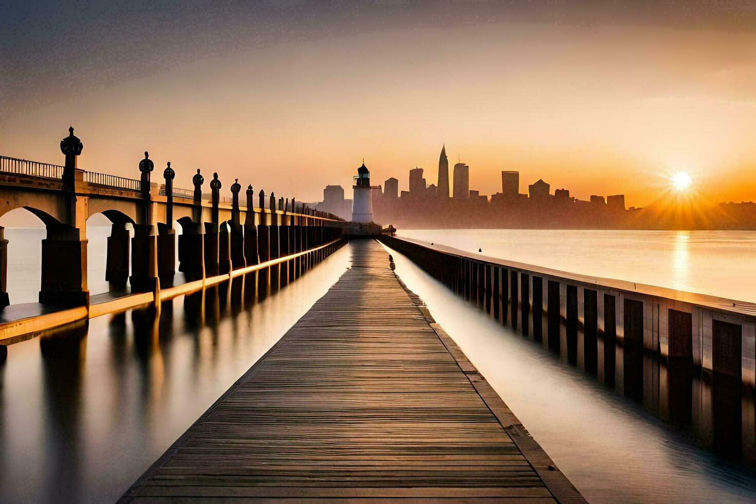 een pier met een stad horizon in de achtergrond. ai-gegenereerd foto