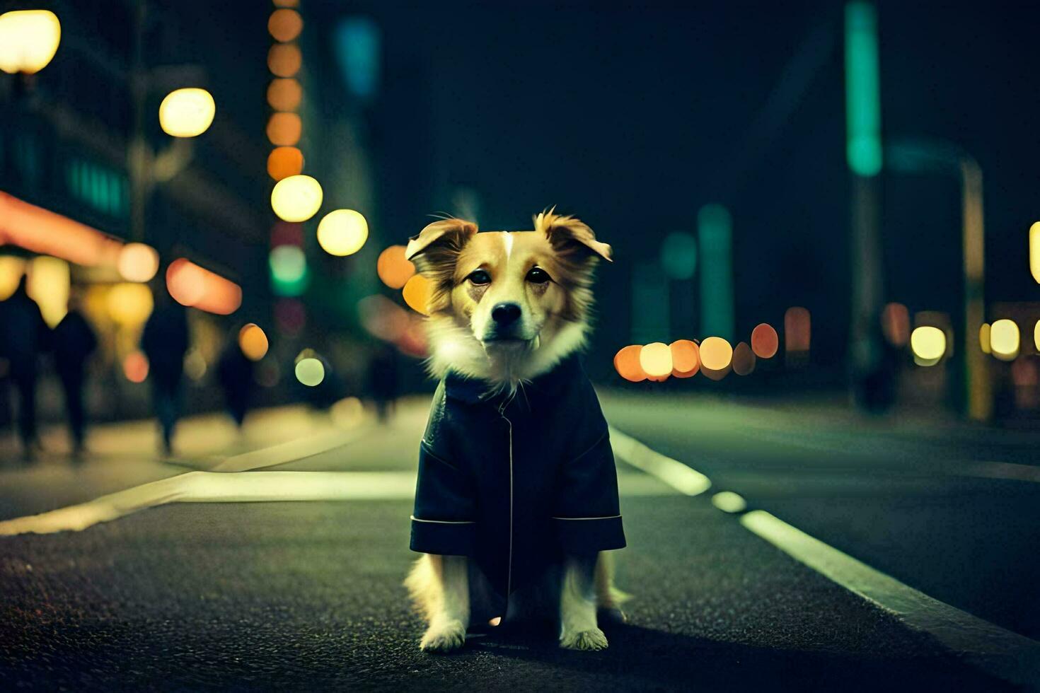 een hond vervelend een jasje zit Aan de straat Bij nacht. ai-gegenereerd foto