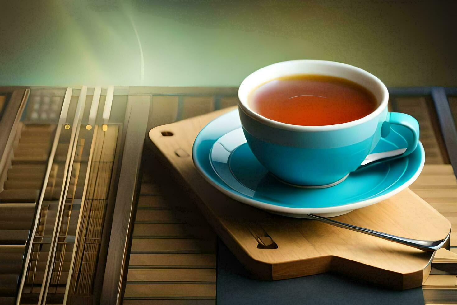 een kop van thee Aan een houten tafel. ai-gegenereerd foto