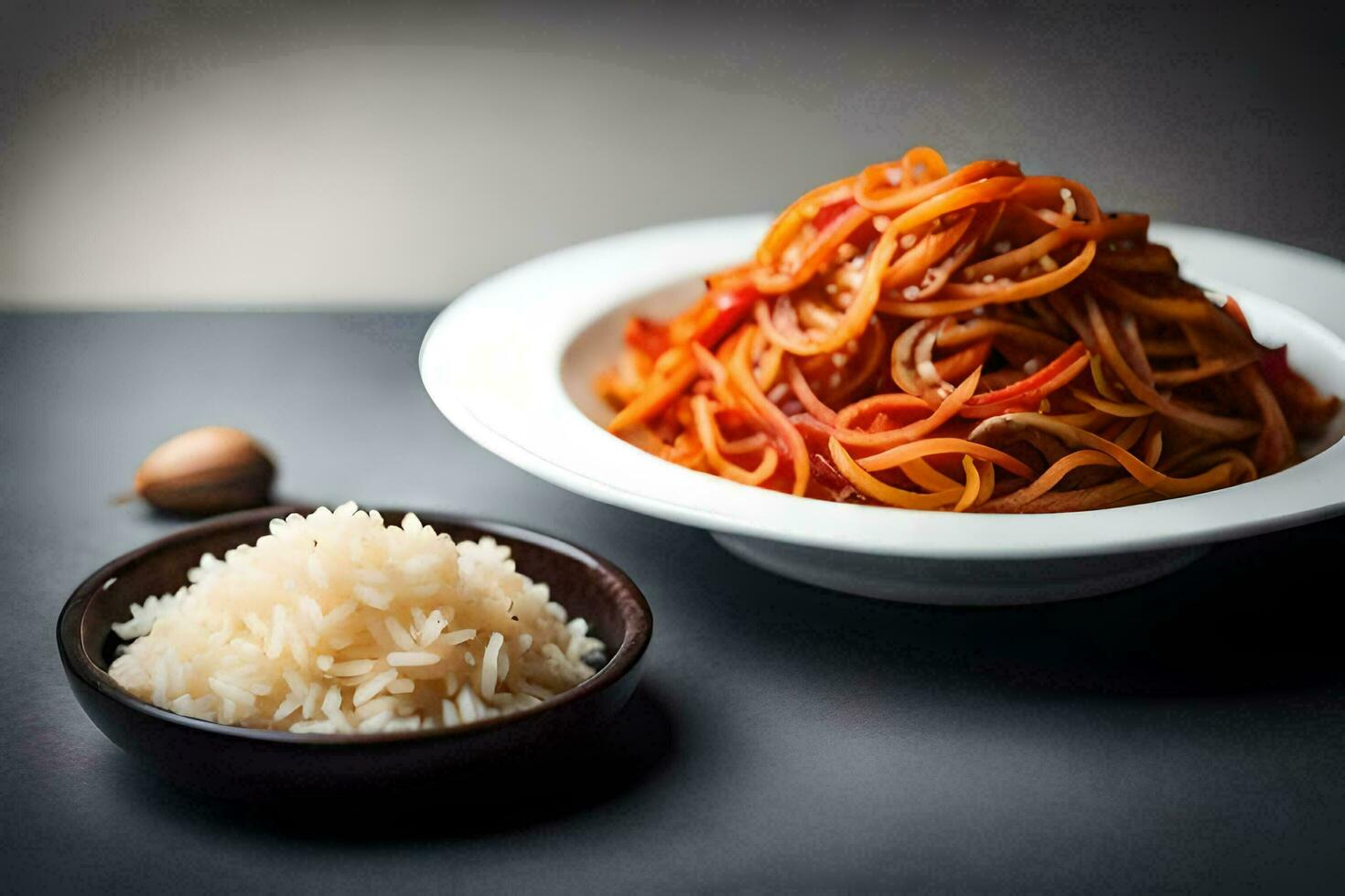 een bord van spaghetti met een kom van rijst. ai-gegenereerd foto