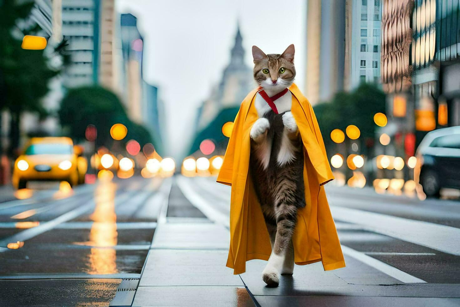 een kat gekleed in een geel gewaad wandelen naar beneden een stad straat. ai-gegenereerd foto