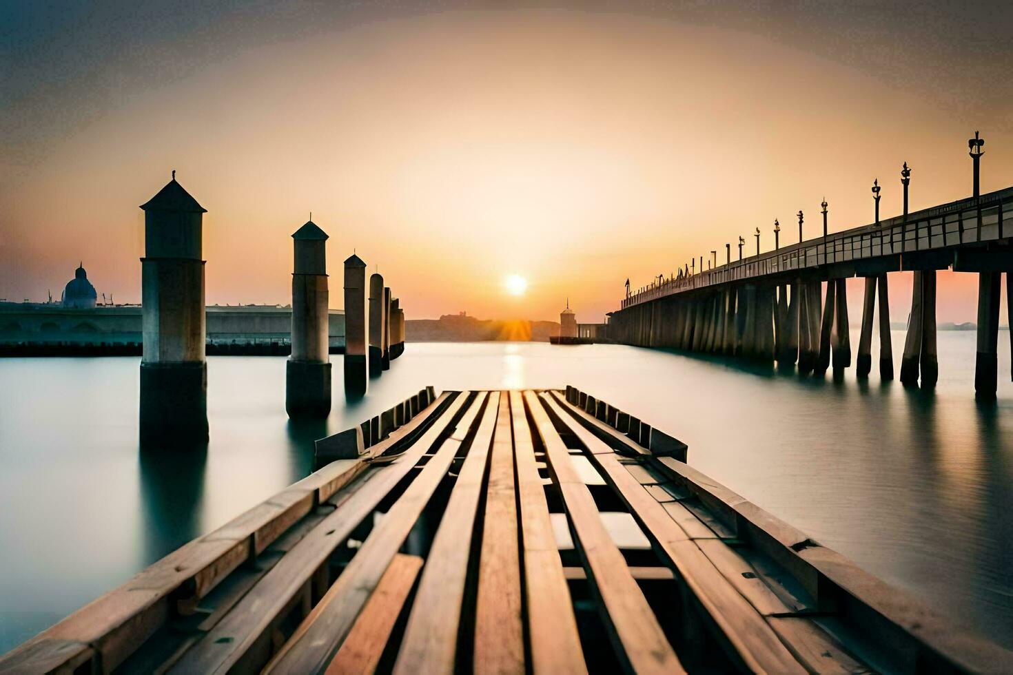 een lang blootstelling foto van een pier Bij zonsondergang. ai-gegenereerd