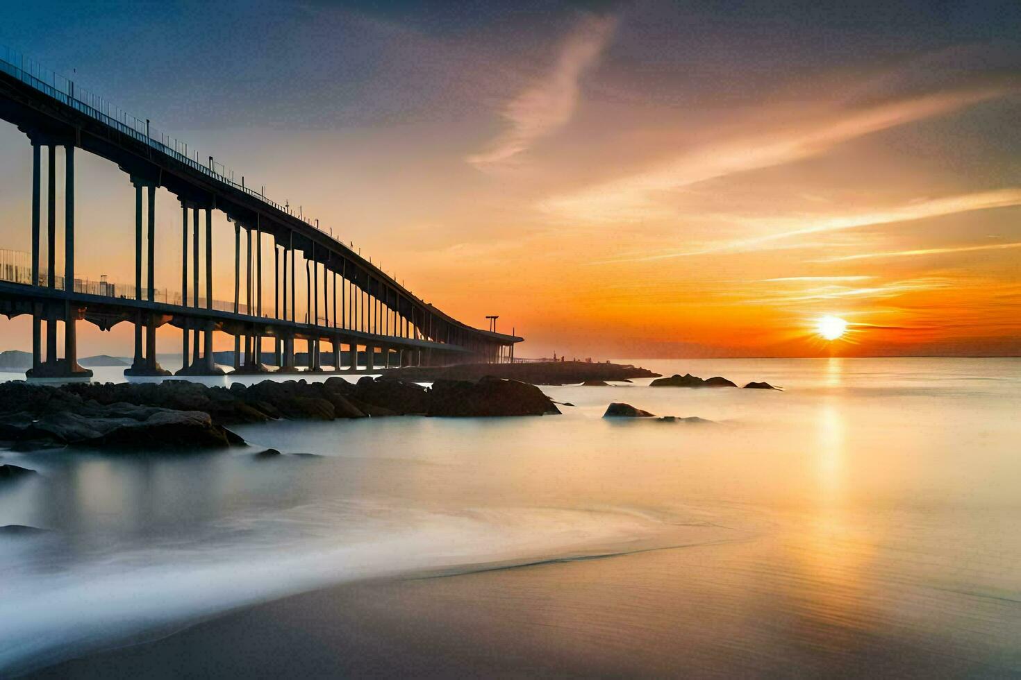 een brug over- de oceaan Bij zonsondergang. ai-gegenereerd foto