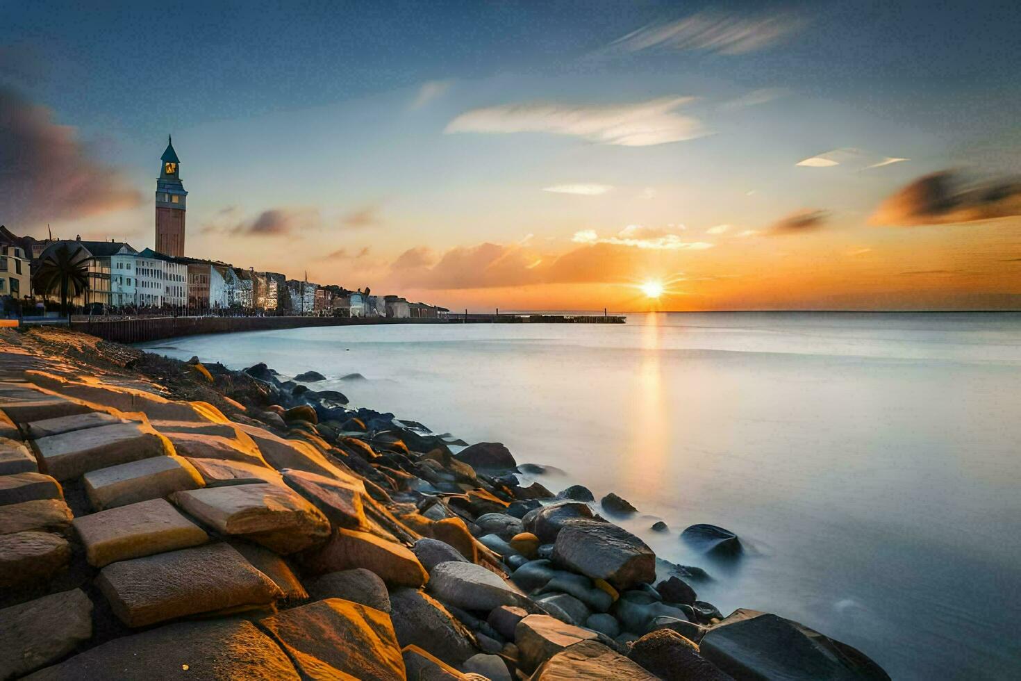 de zon sets over- de zee en een klok toren. ai-gegenereerd foto