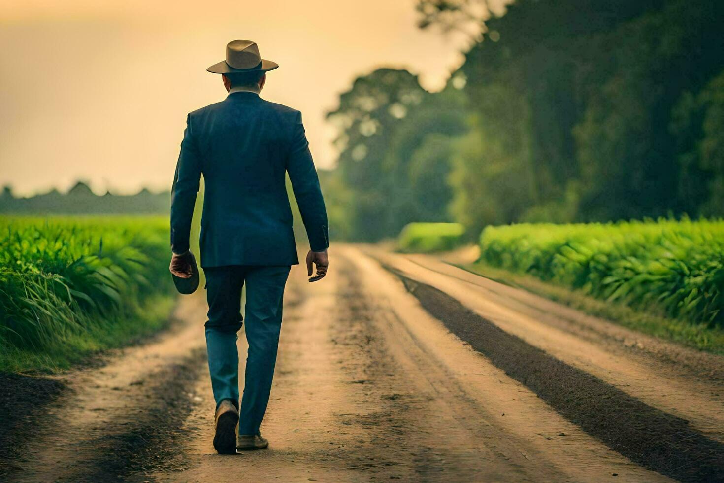 een Mens in een pak en hoed wandelingen naar beneden een aarde weg. ai-gegenereerd foto