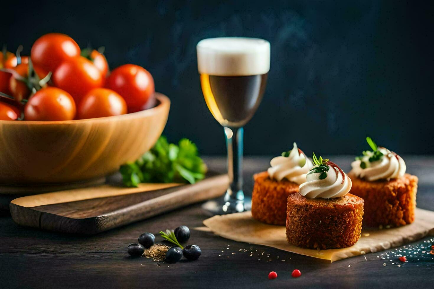 voedsel en drinken Aan een houten tafel. ai-gegenereerd foto