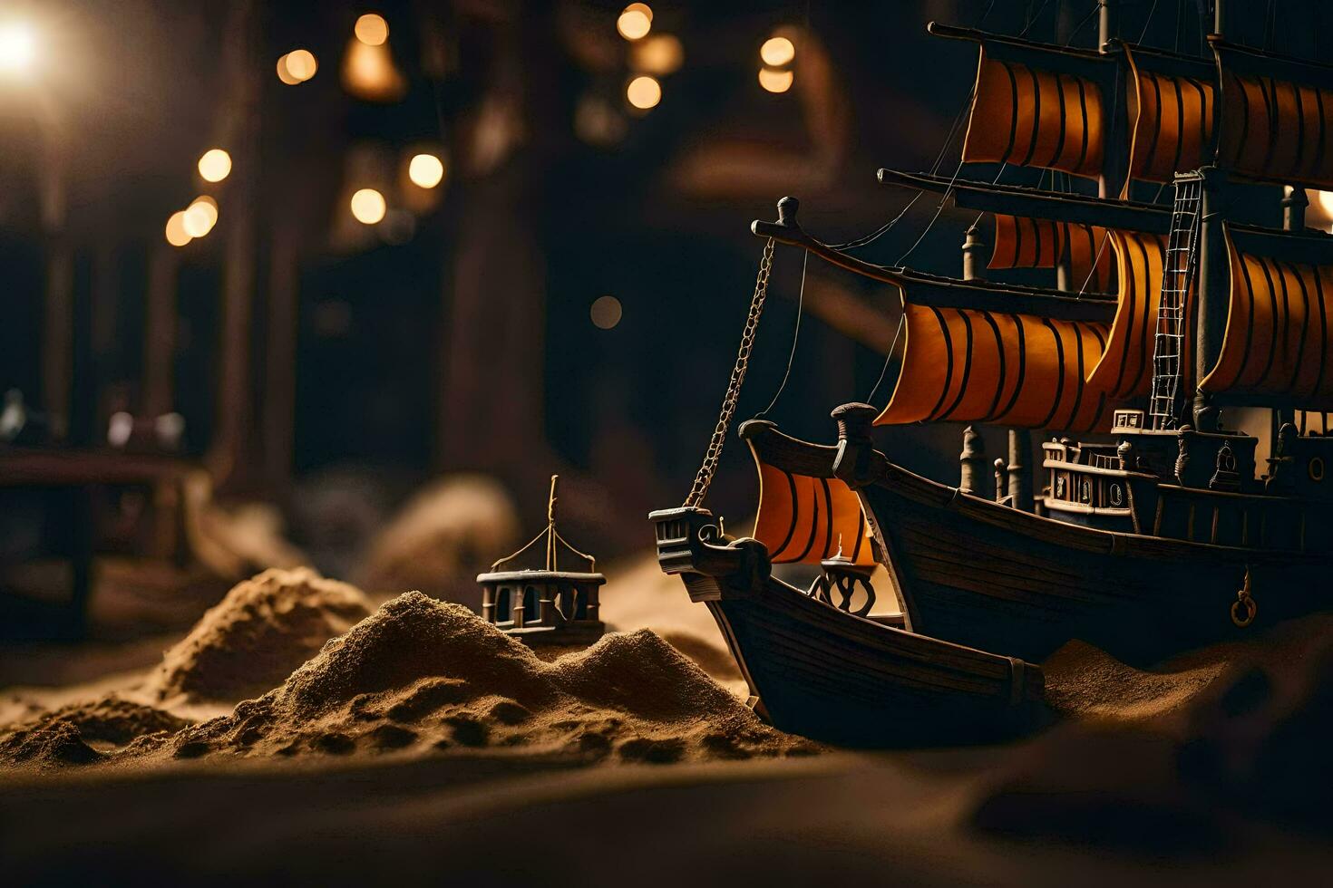 een model- van een schip in de zand. ai-gegenereerd foto