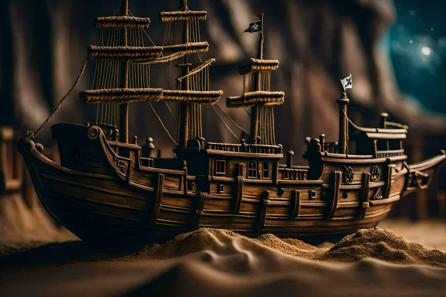 een model- van een piraat schip in de zand. ai-gegenereerd foto