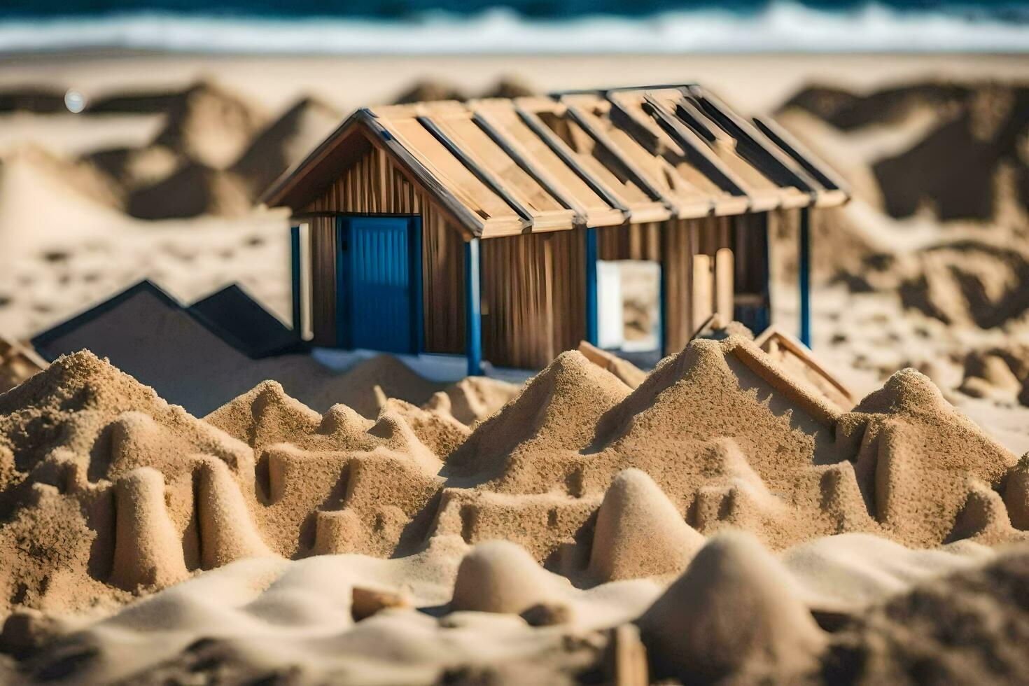 een klein houten huis zit in de zand Aan een strand. ai-gegenereerd foto