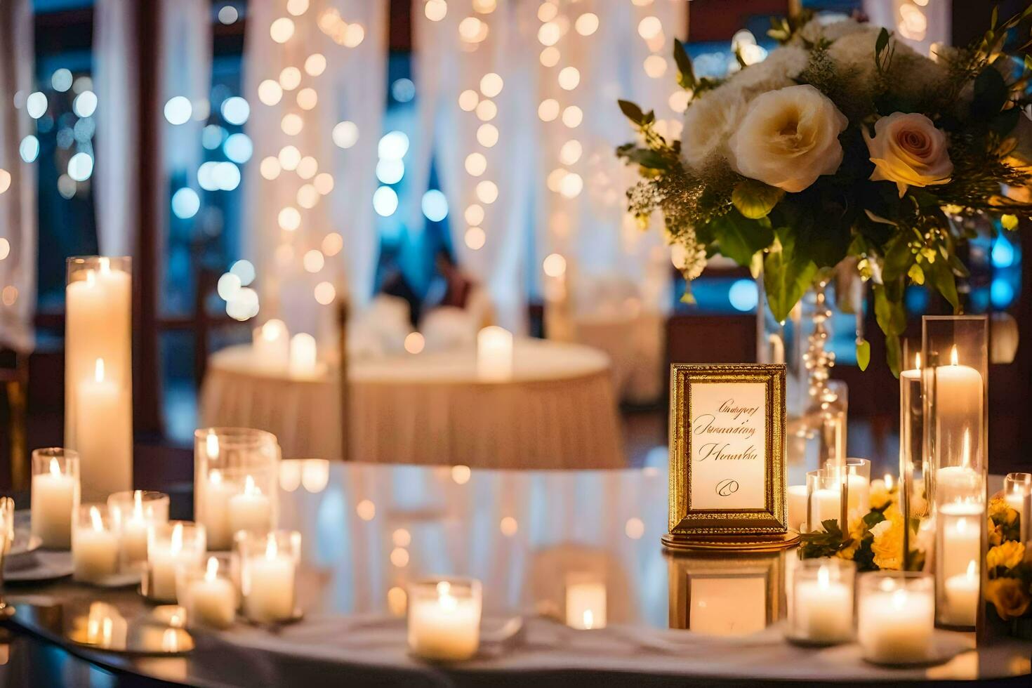 kaarsen en bloemen zijn reeks omhoog in een tafel met een teken. ai-gegenereerd foto