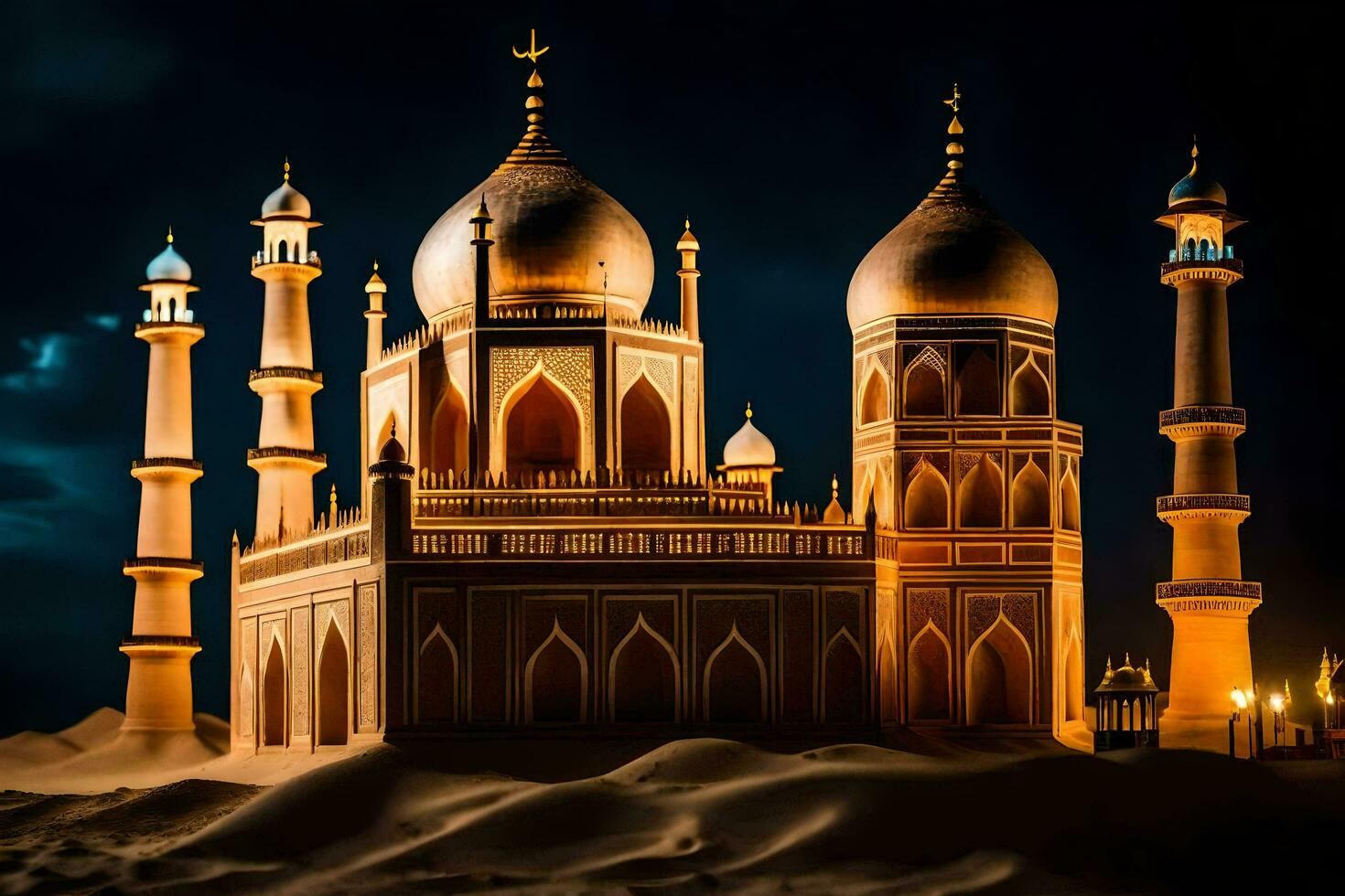 een moskee in de woestijn Bij nacht. ai-gegenereerd foto