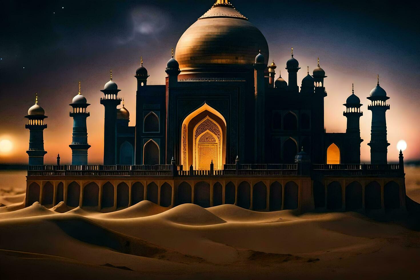 een groot moskee in de woestijn Bij nacht. ai-gegenereerd foto
