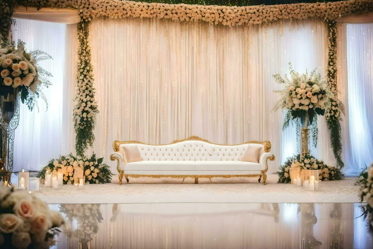 een bruiloft stadium met wit couches en bloemen. ai-gegenereerd foto