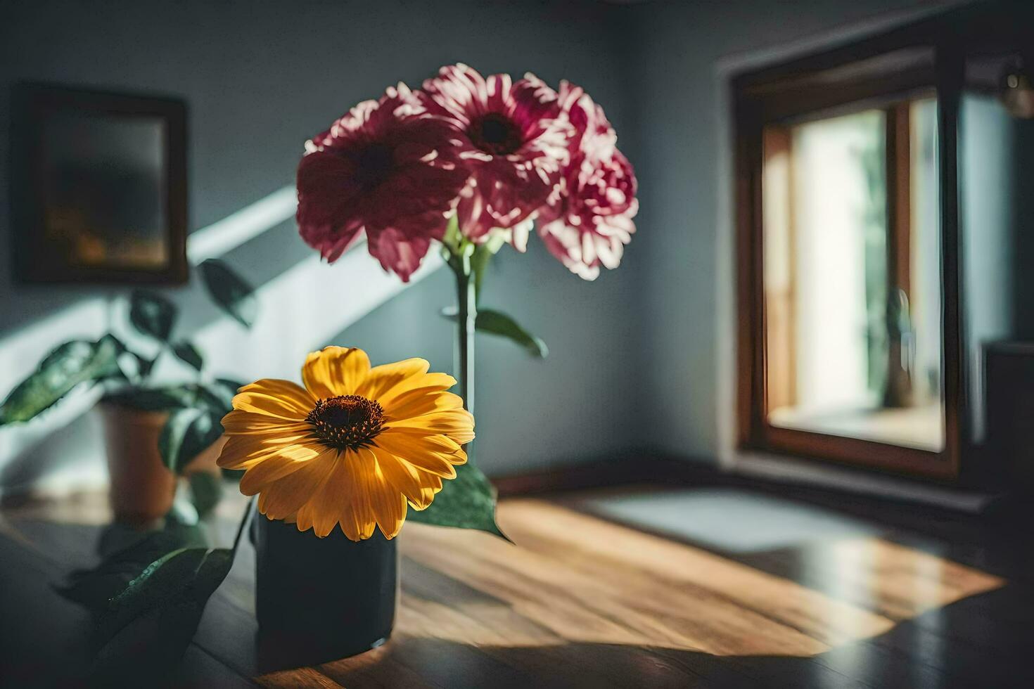 twee bloemen zitten Aan een tafel in voorkant van een venster. ai-gegenereerd foto