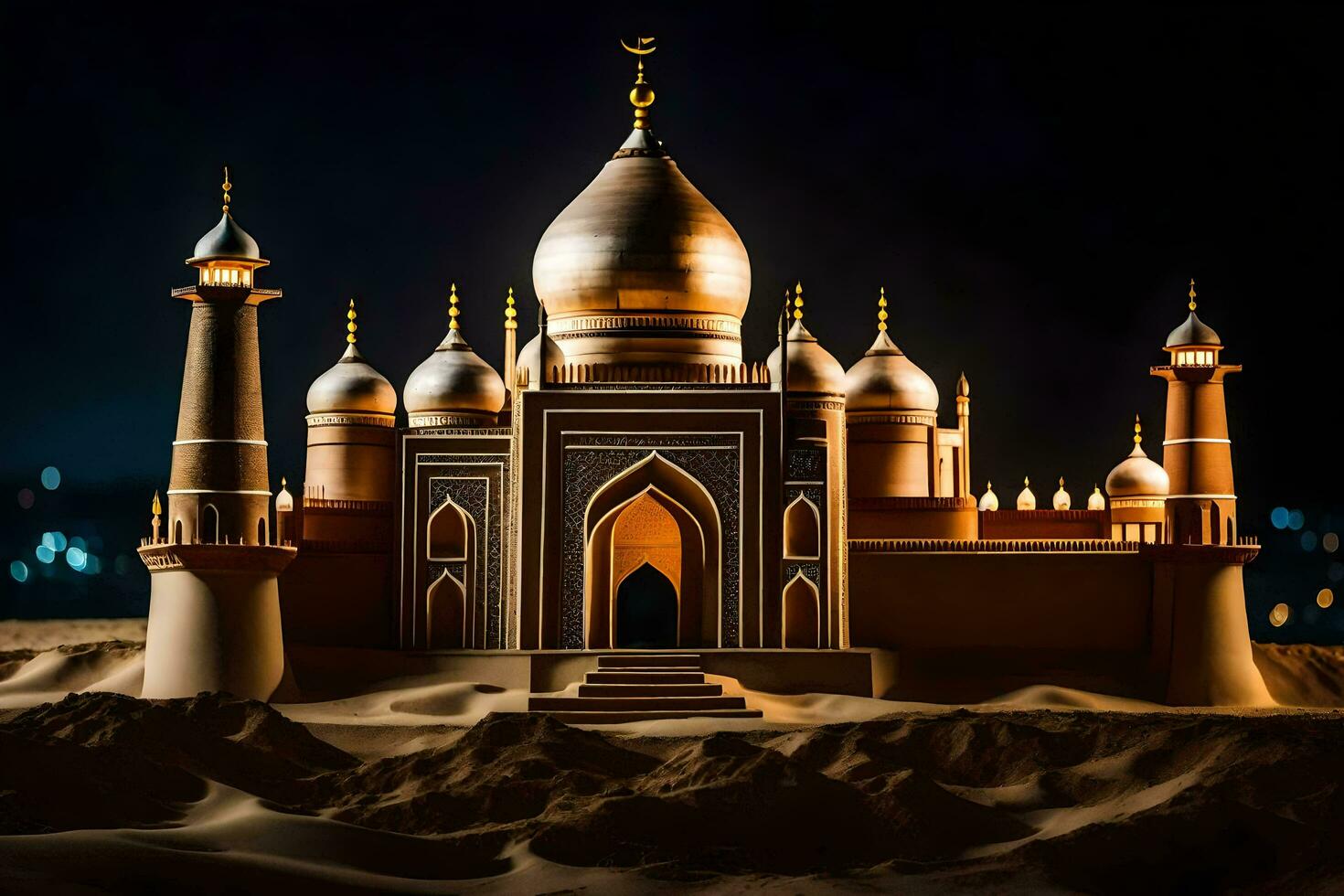 een 3d model- van een moskee in de woestijn. ai-gegenereerd foto