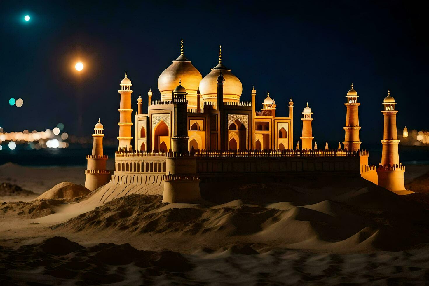 de taj mahal is lit omhoog Bij nacht. ai-gegenereerd foto