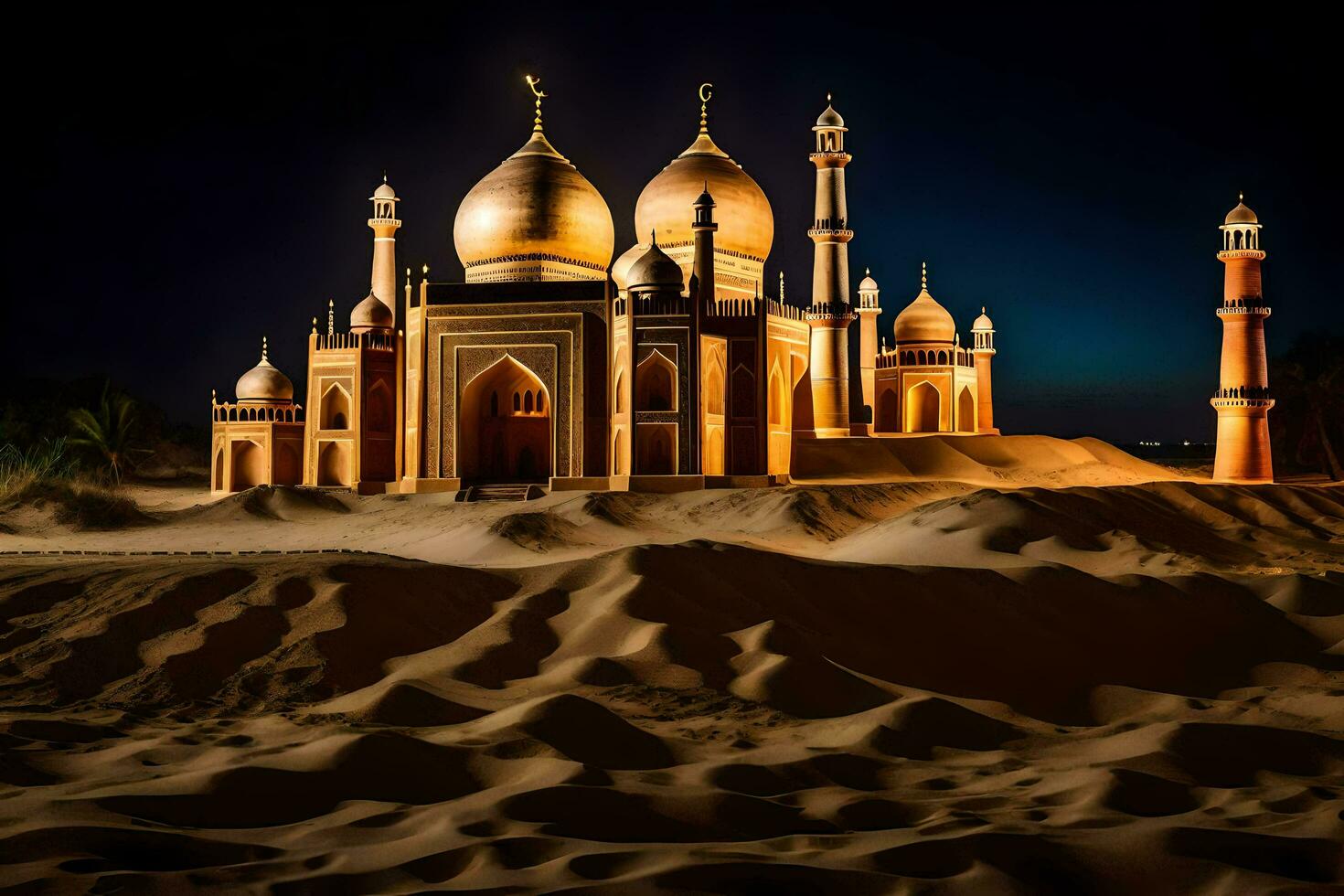 een moskee in de woestijn Bij nacht. ai-gegenereerd foto