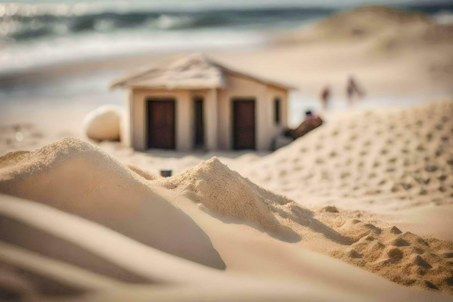 een miniatuur huis Aan de strand met zand duinen. ai-gegenereerd foto