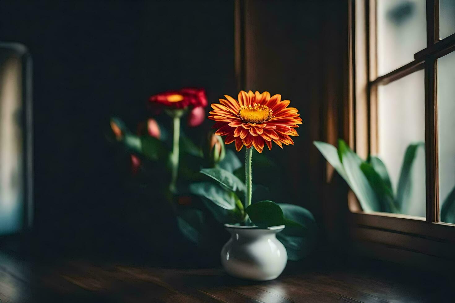 oranje bloem in een vaas Aan een houten tafel. ai-gegenereerd foto