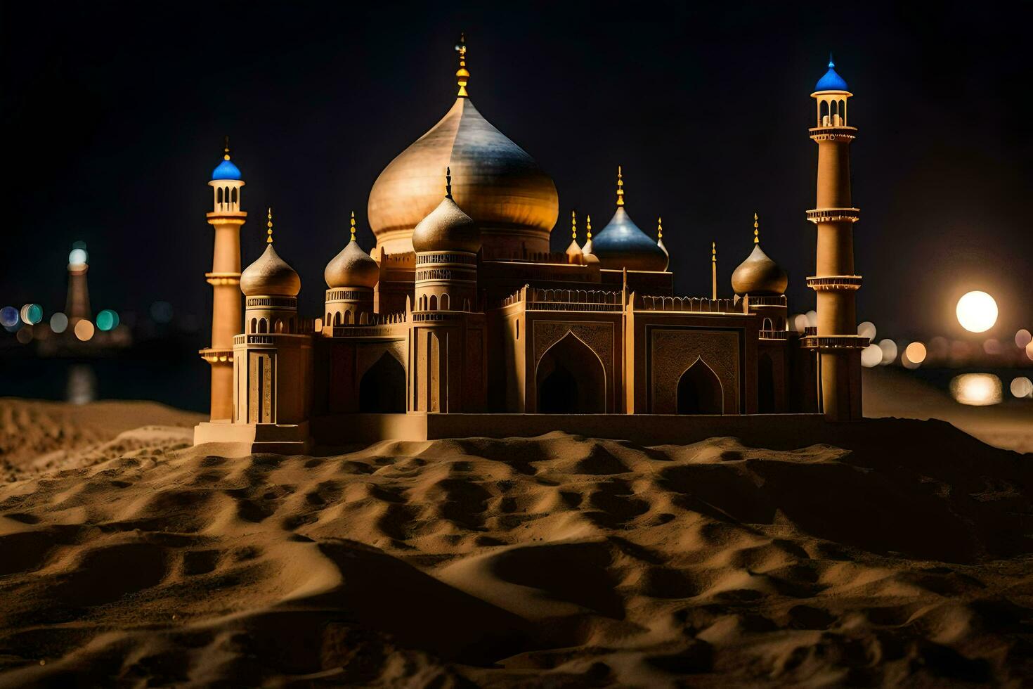 foto behang zand, de woestijn, de maan, de nacht, de moskee, de maan,. ai-gegenereerd