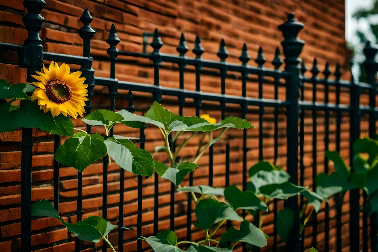 een zwart ijzer hek met een zonnebloem groeit Aan het. ai-gegenereerd foto