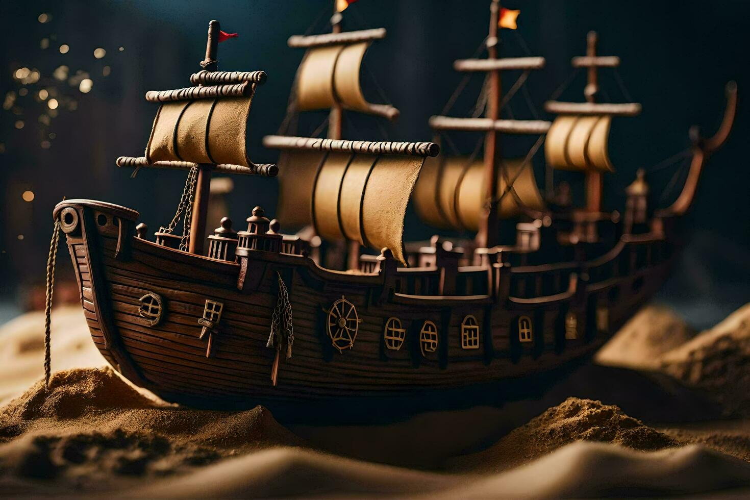 een model- van een piraat schip in de zand. ai-gegenereerd foto