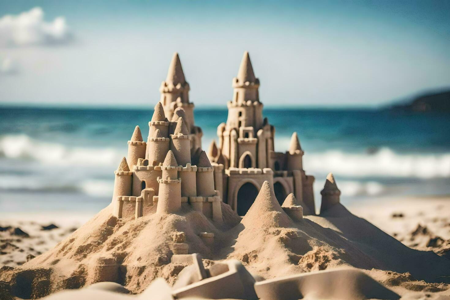 een zand kasteel Aan de strand. ai-gegenereerd foto