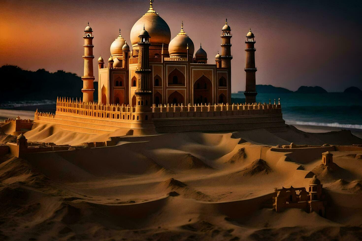 de taj mahal is een zand kasteel in Indië. ai-gegenereerd foto