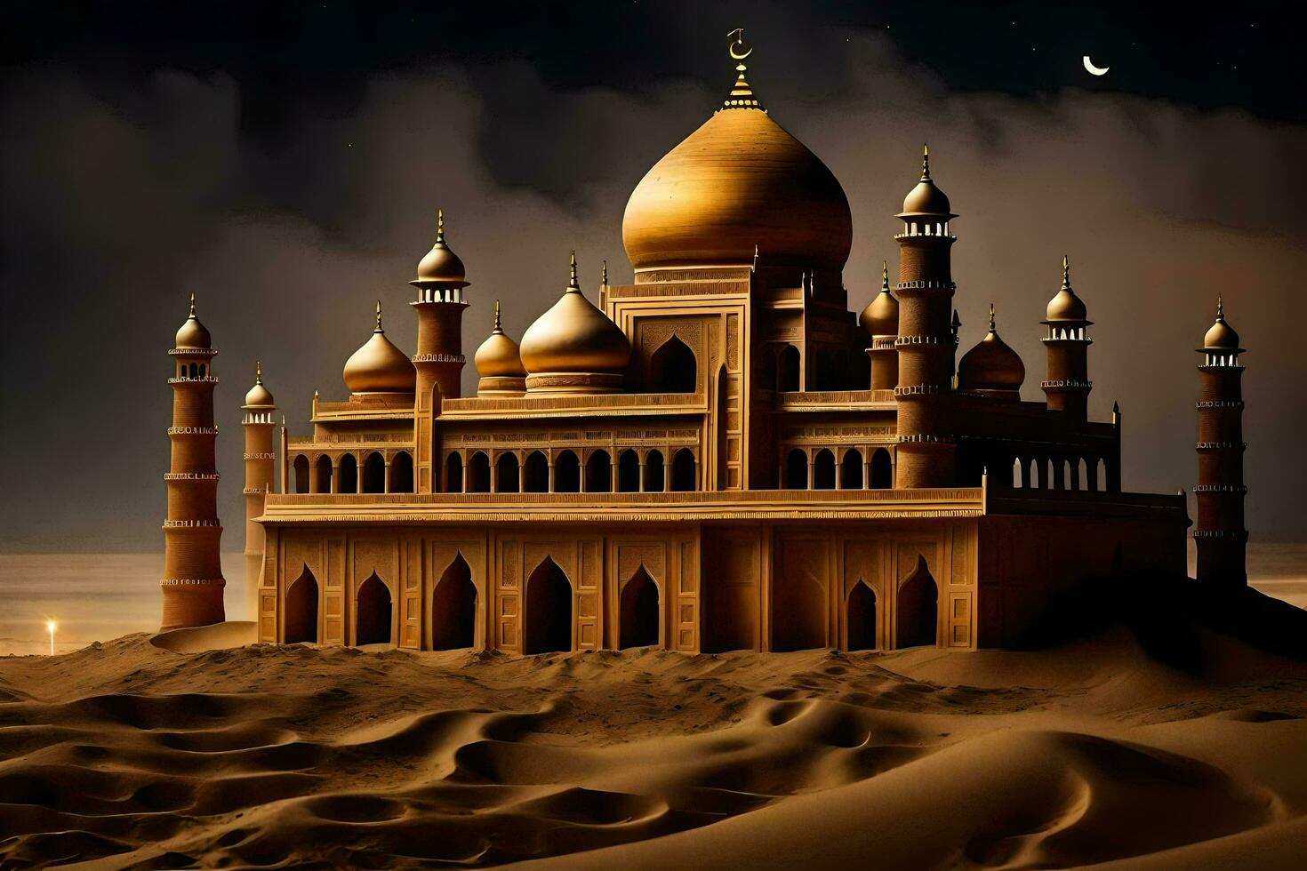 een gouden moskee in de woestijn Bij nacht. ai-gegenereerd foto
