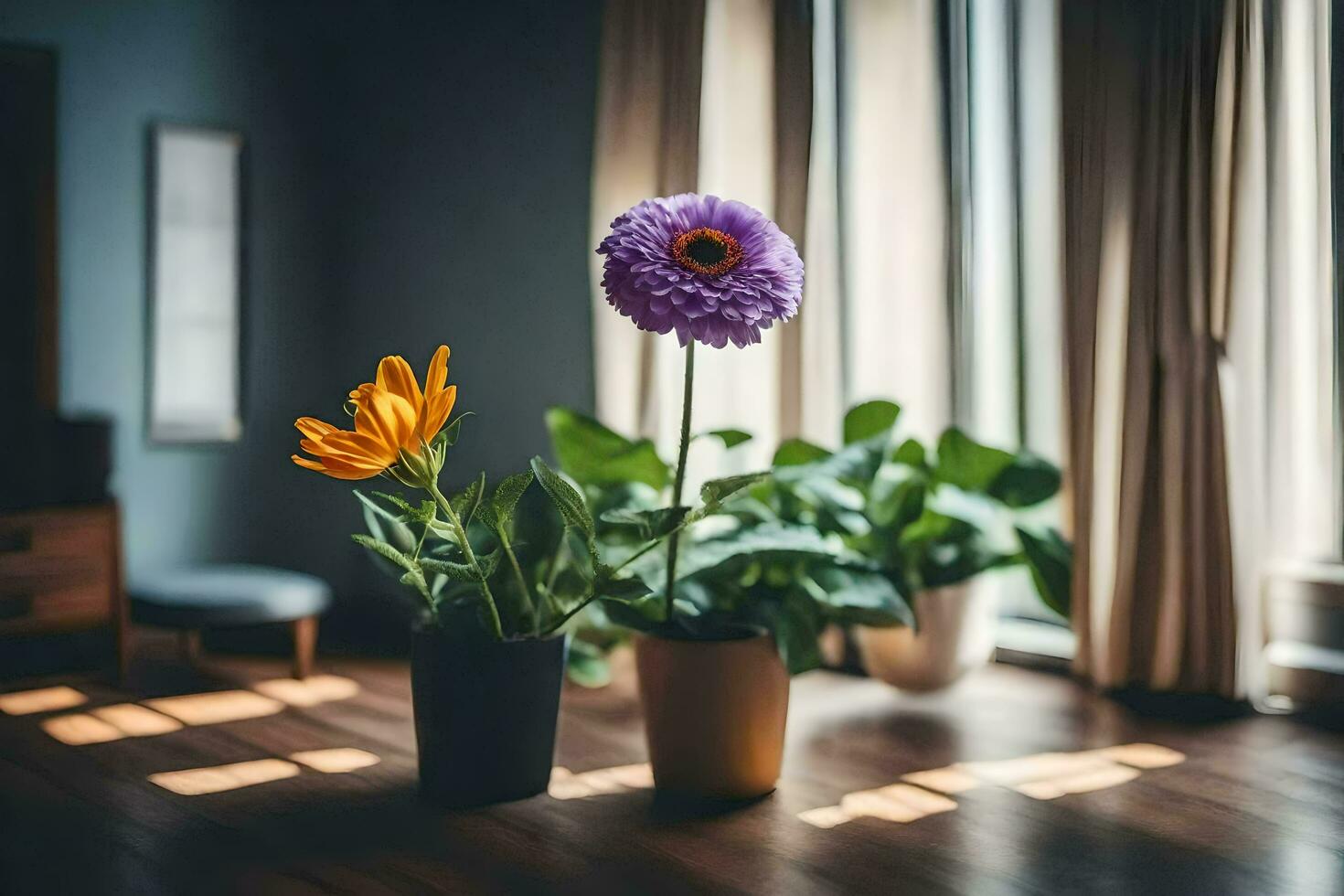twee bloemen in vazen Aan een houten vloer. ai-gegenereerd foto
