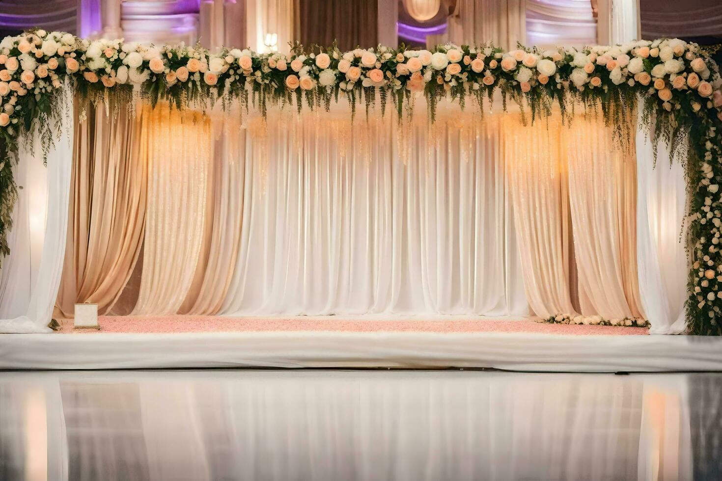 een elegant bruiloft stadium met bloemen en gordijnen. ai-gegenereerd foto
