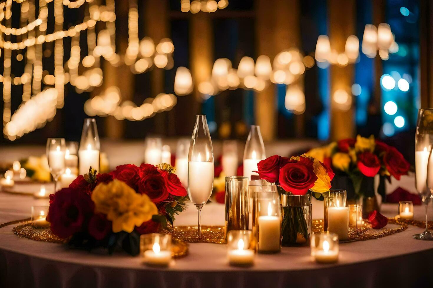 een tafel met kaarsen en bloemen Aan het. ai-gegenereerd foto