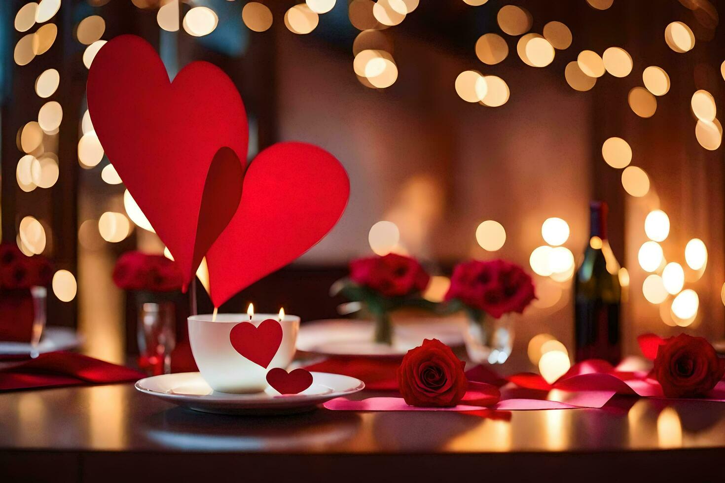 een hart vormig papier uitknippen is geplaatst Aan een tafel met een kop van koffie en een rood. ai-gegenereerd foto