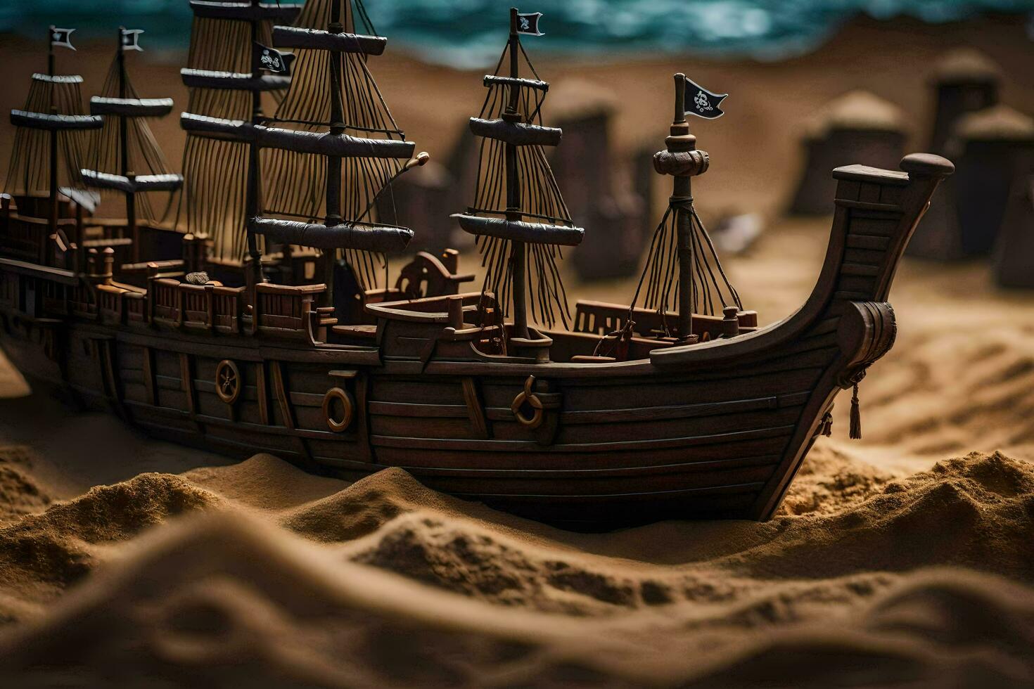 een model- piraat schip zit Aan de zand. ai-gegenereerd foto