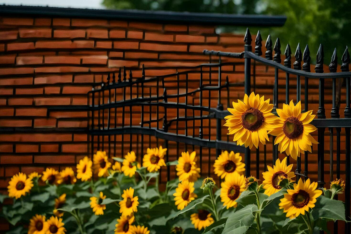 zonnebloemen in voorkant van een steen muur. ai-gegenereerd foto