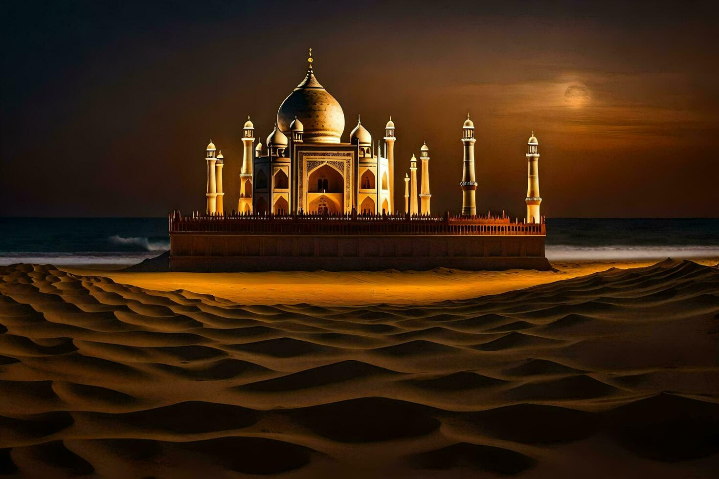 de taj mahal in de woestijn Bij nacht. ai-gegenereerd foto