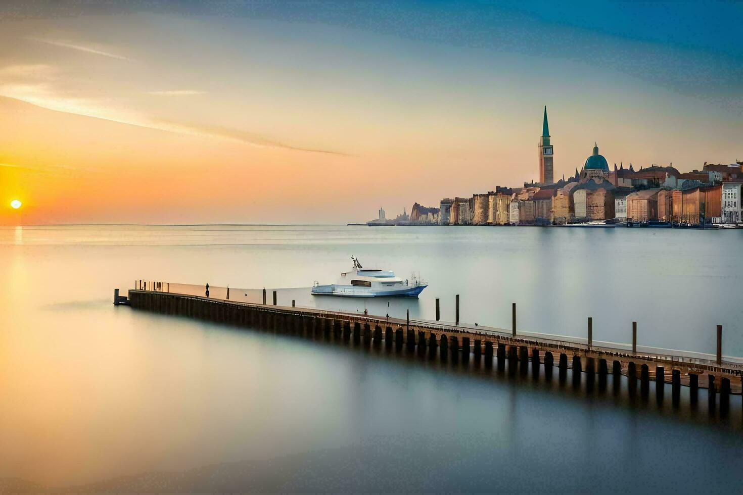 een boot is aangemeerd in de water Bij zonsondergang. ai-gegenereerd foto