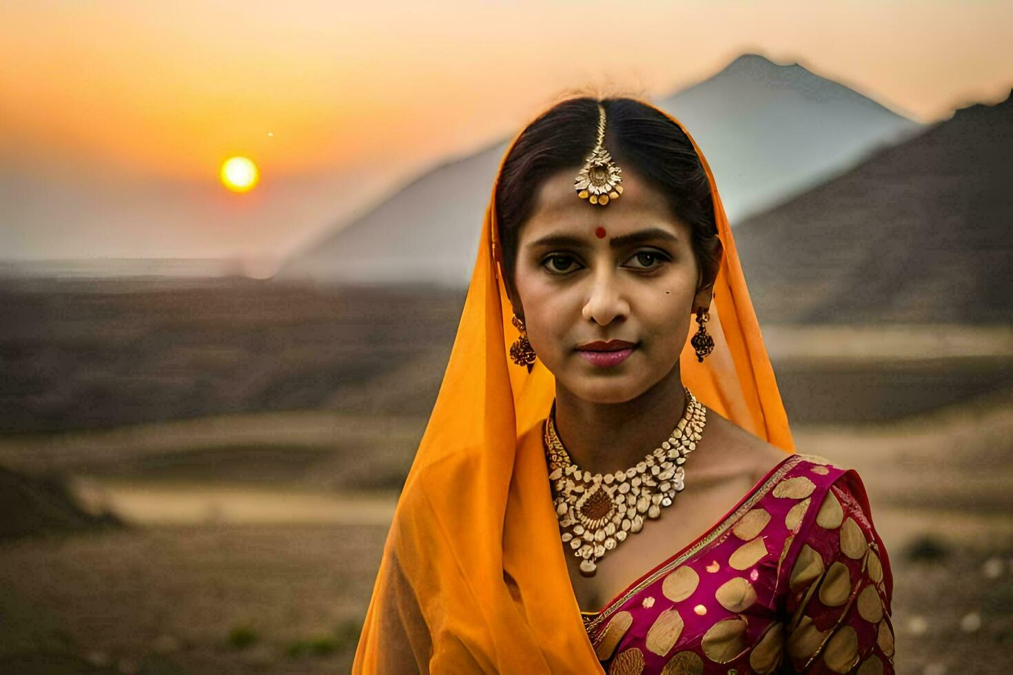 een vrouw in een oranje sari staat in voorkant van de zon. ai-gegenereerd foto