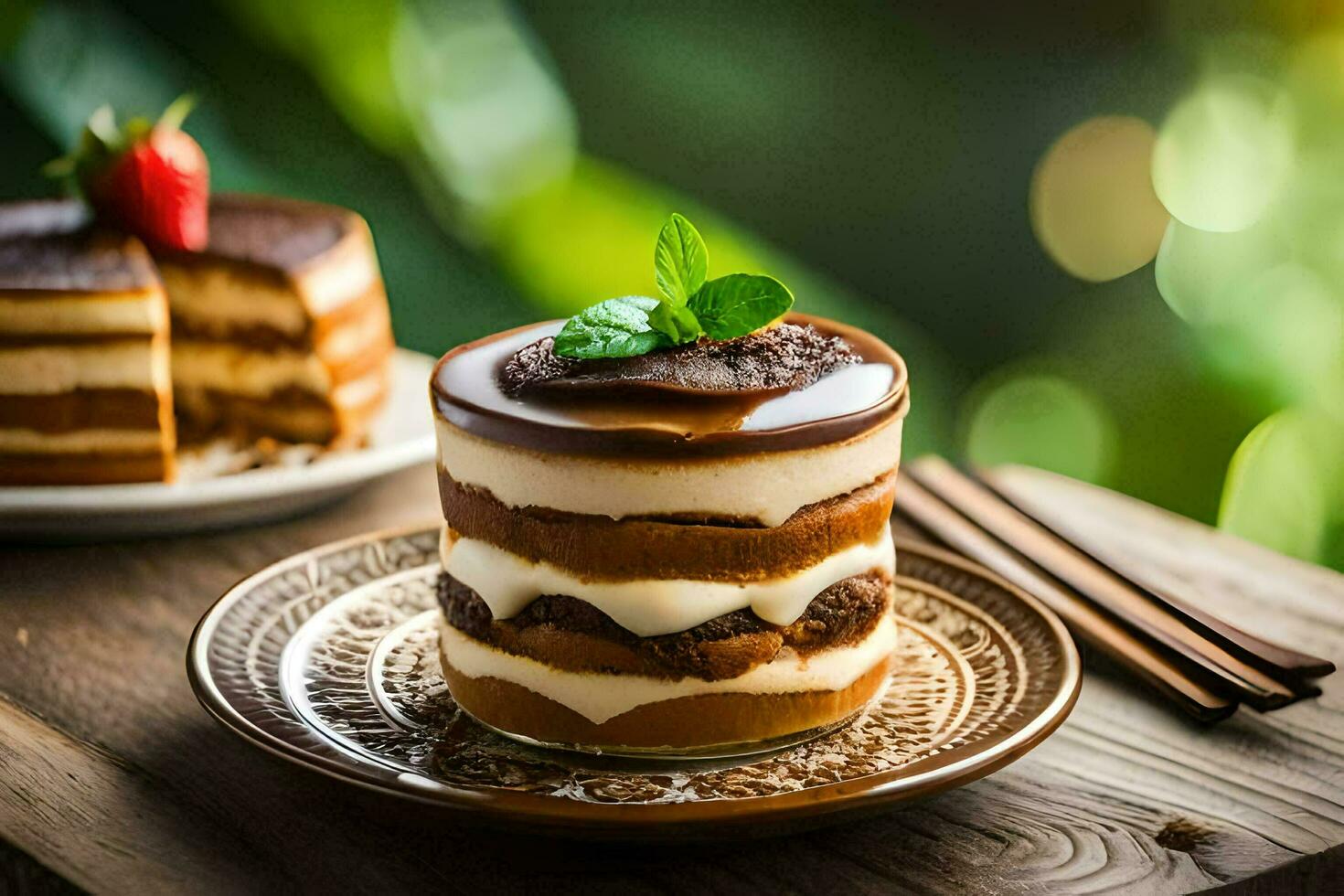 twee desserts Aan een houten tafel. ai-gegenereerd foto