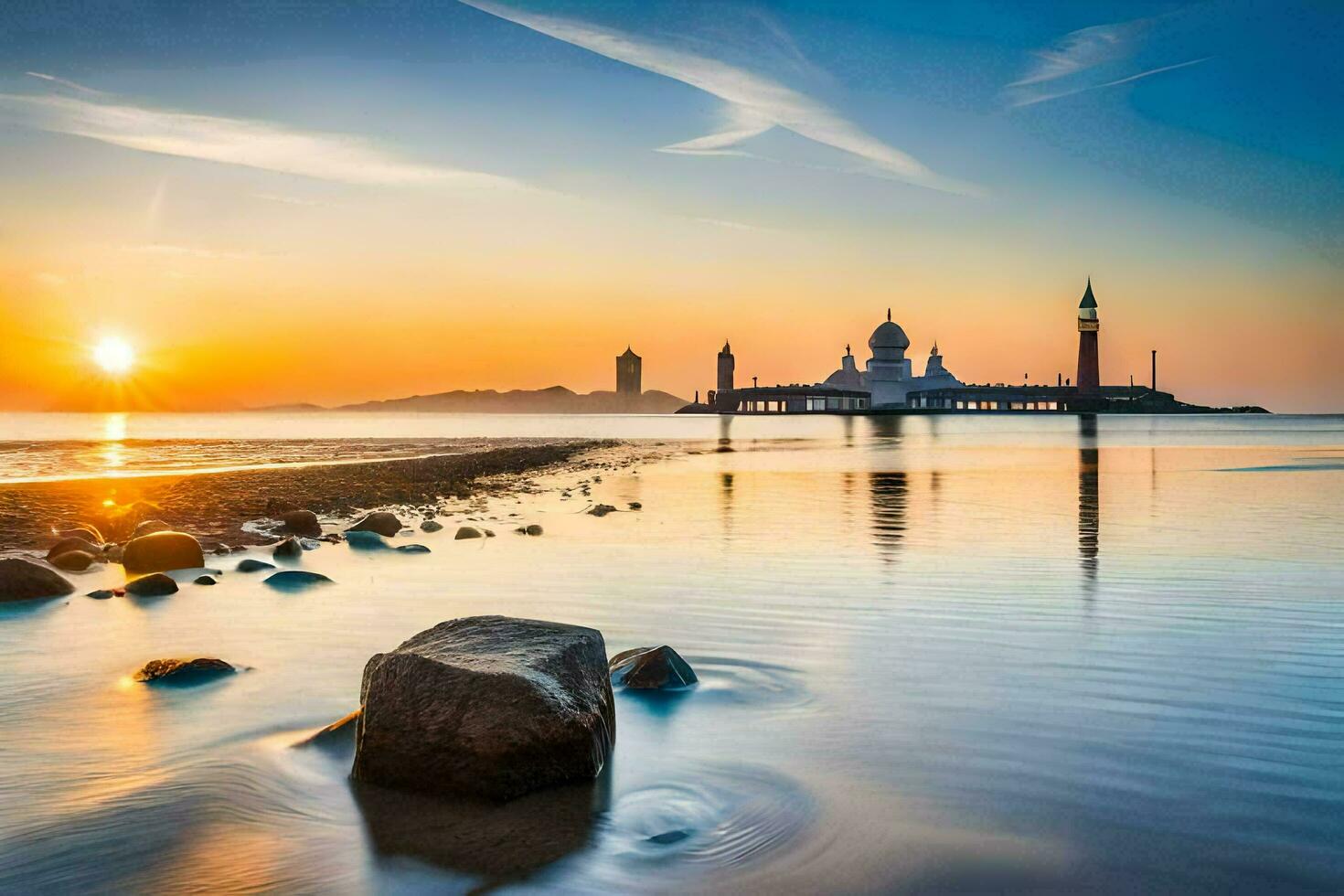 de zon sets over- een moskee en rotsen in de water. ai-gegenereerd foto
