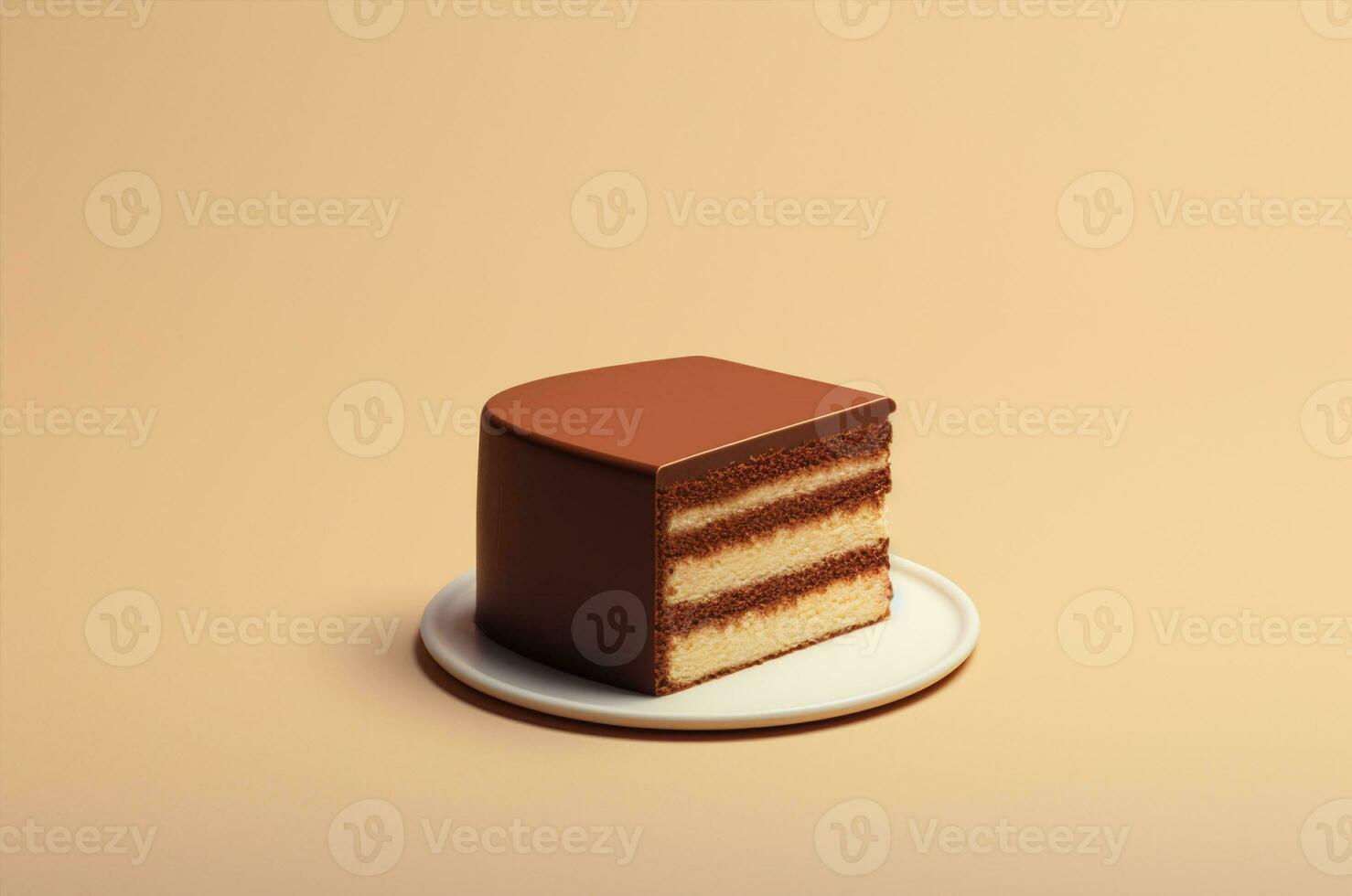 stuk van drie chocola taart. minimalistisch stuk van chocola taart Aan beige achtergrond. generatief ai foto